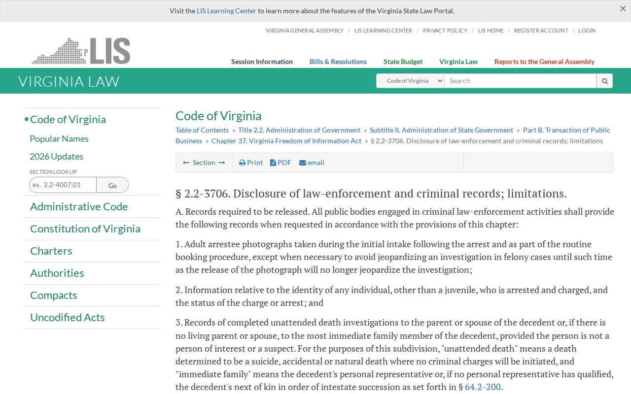Virginia FOIA adult booking-photo disclosure statute